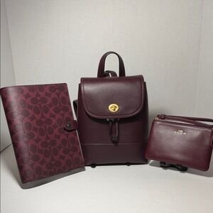 Coach Dark Red Backpack and Wristlet Trio